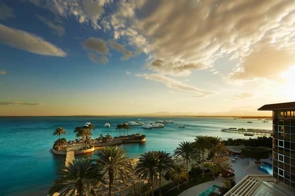 Ausblick auf den Hafen des Hurghada Marriott Beach Resorts mit vielen Booten und Palmen.