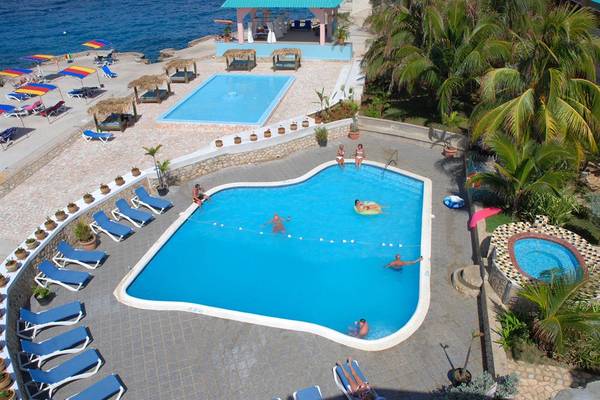 Luftaufnahme des Poolbereichs des Samsara Cliff Resorts mit zwei Swimmingpools, Sonnenliegen und Palmen.