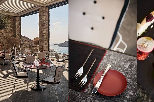 Dreiteiliger Bildcollage von Myconian Avaton Resort, zeigt Restaurant, Besteck und Gericht.