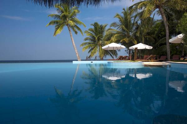 Endloser Pool mit Palmen am Strand des Filitheyo Island Resorts