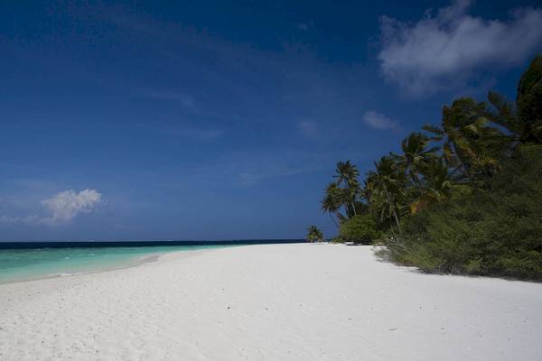 Strand im Filitheyo Island Resort mit weißem Sand und blauem Himmel