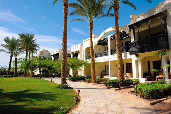 Außenbereich des Sharm Plaza Hotels mit gepflegtem Rasen, hohen Palmen und gemauertem Gehweg.