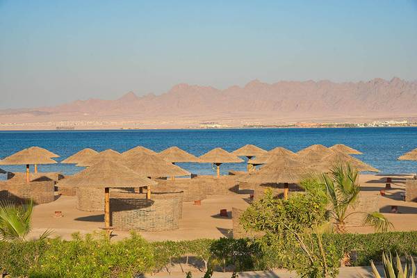 Strandszene am Sheraton Soma Bay Resort mit vielen Sonnenschirmen und Bergen im Hintergrund.