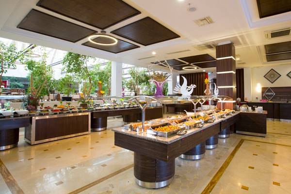 Buffet im Washington Resort Hotel & SPA mit vielen Speisen und Pflanzen.