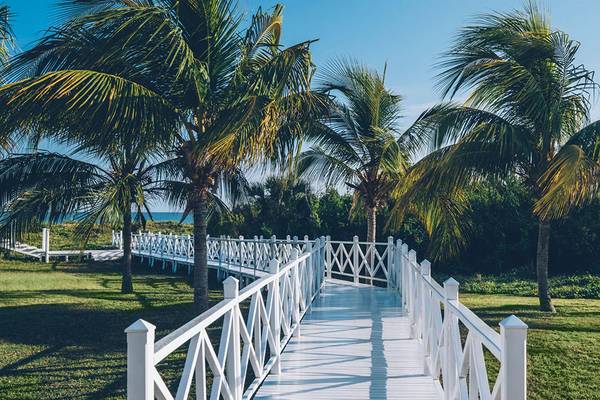 Eingang zum Iberostar Laguna Azul Hotel mit einer weißen Holzbrücke und Palmen