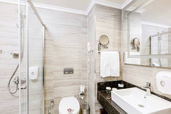 Badezimmer im Side Royal Palace Hotel mit Duschkabine, Toilette, Waschbecken und Spiegel.