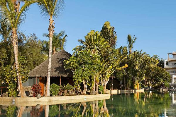 Außenbereich des Tabaiba Princess Hotels mit Swimmingpool und umgeben von Palmen und Pflanzen