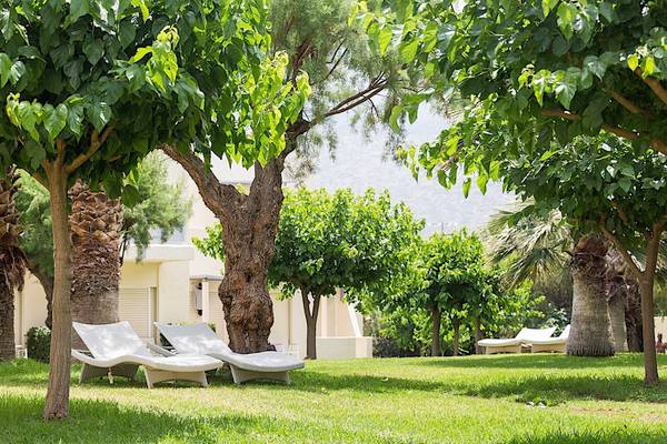 Garten des Cretan Malia Park Hotels mit weißen Liegen und Bäumen