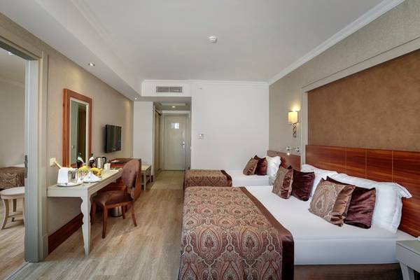 Zimmer im Well Palace Side Hotel mit zwei Betten, Schreibtisch und Fernseher.