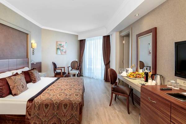 Innenansicht eines Zimmers im Well Palace Side Hotel mit Bett, Schreibtisch und Früchten.
