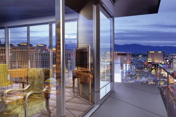 Aussicht von der Balkon des Cosmopolitan Hotels in Las Vegas mit Eiffelturm im Hintergrund