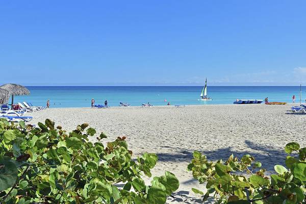 Strand mit Sonnenschirmen und Liegestühlen am Melia Las Americas Hotel