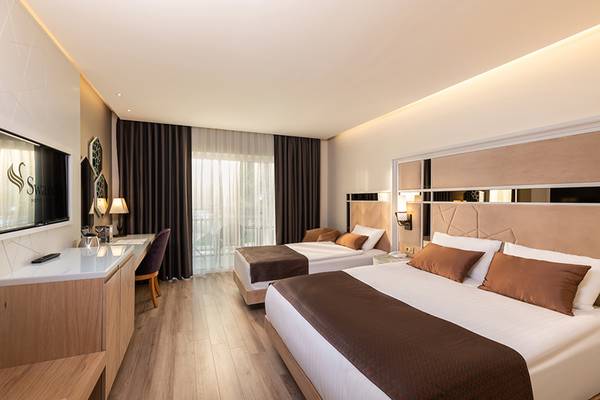 Doppelzimmer im Swandor Hotels & Resorts Topkapi Palace mit zwei Betten, Fernseher, Schreibtisch und Sessel.