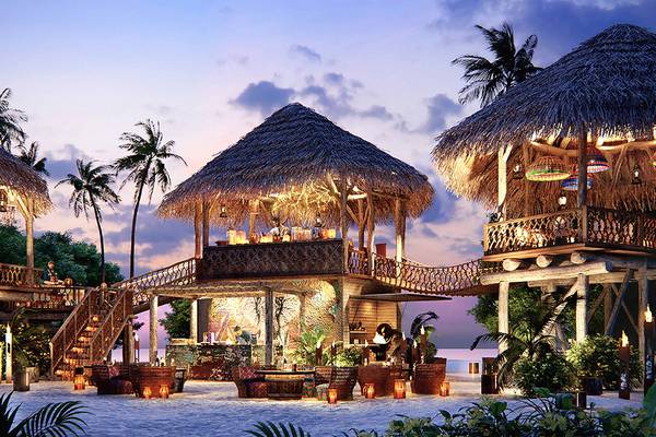 Illustration der JW Marriott Maldives Resort & Spa Architektur mit mehreren überdachten Hütten am Strand.
