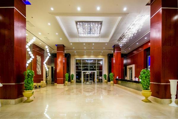 Empfangsbereich des Serenity Alma Heights Hotels mit luxuriöser Einrichtung und Pflanzen in gelben Vasen.
