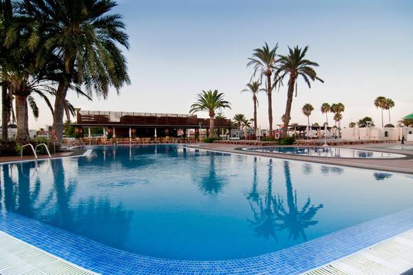 Ein großer Swimmingpool im Freien mit blauem Wasser und Palmen im Hintergrund.