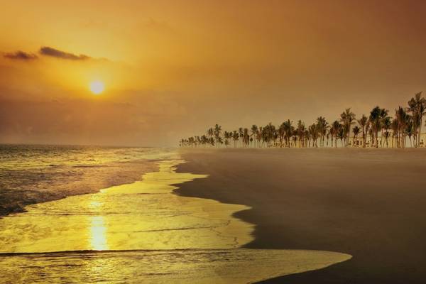 Sonnenuntergang am Strand des Salalah Rotana Resorts mit goldenem Licht und Palmenreihe