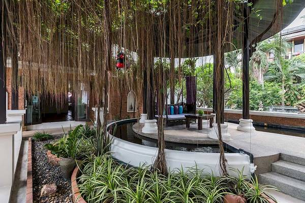 Außenbereich des Dara Samui Beach Resorts mit Wasserbecken und Pflanzen
