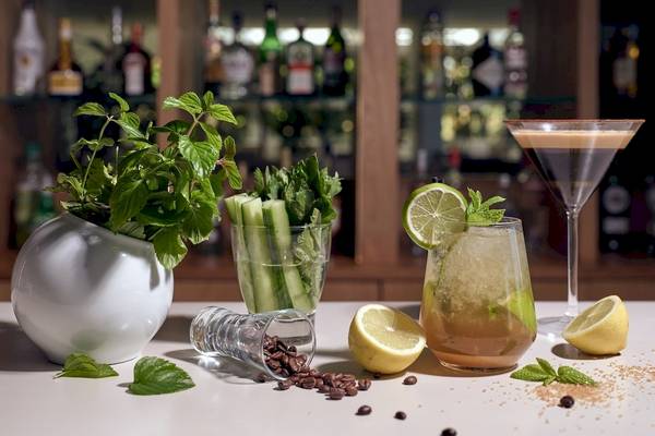 Cocktails auf einer Holztischplatte im Hotel Caravel mit Pflanzen, Zitronen und Kaffeebohnen.