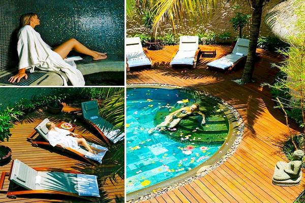 Collage von Casuarina Resort & Spa mit Wellnessbereich, Loungebereich und Swimmingpool.