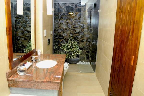 Badezimmer des Siddhalepa Ayurveda Health Resort mit Steinwand, Dusche und Toilette