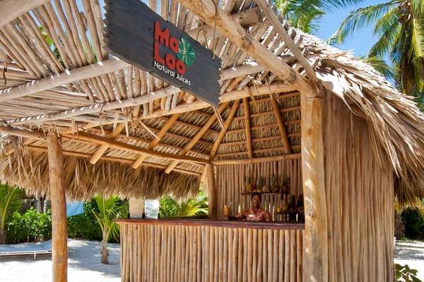 Strandbar mit Palmenhut und Frau an der Theke, serviert Cocktails und frische Säfte.