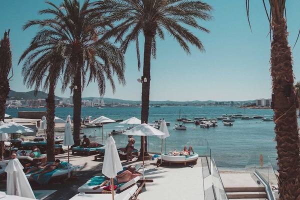 Strand mit Liegen, Palmen und Meerblick am Amare Beach Hotel Ibiza