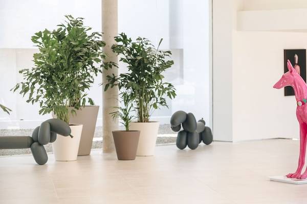 Foyer des Amare Beach Hotel Ibiza mit Kunstwerken und Pflanzen in Töpfen