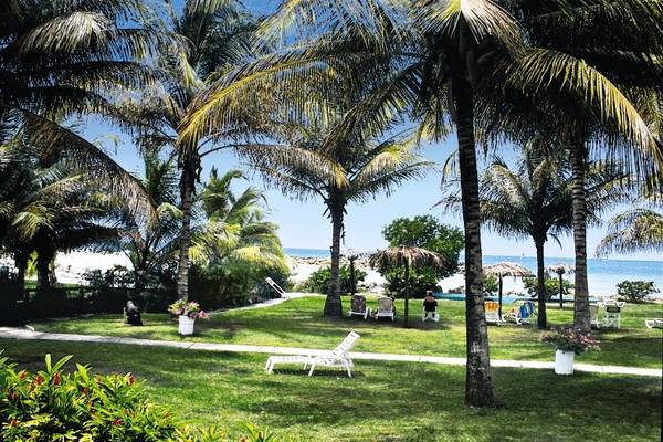 Garten des La Creole Beach Hotel & Spa mit Palmen, Liegestühlen und Blick auf den Strand.