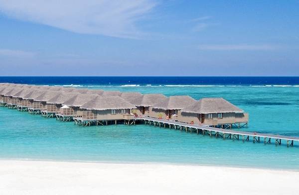 Luftaufnahme des Meeru Island Resorts & Spa mit Wasservillen und Steg am Ozean.