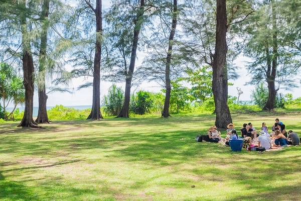 Gruppe von Menschen, die im Park von Dewa Phuket Resort & Villas picknicken