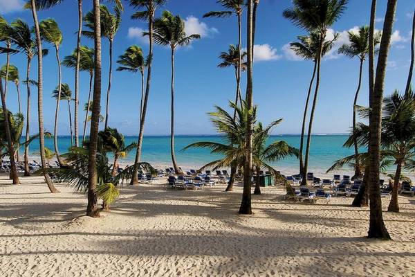 Palmenstrand im Barcelo Bavaro Beach mit vielen Sonnenliegen und blauem Ozean