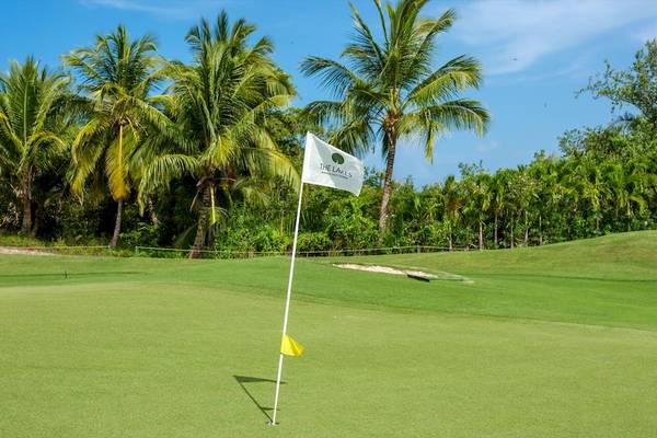 Golfplatz im Barcelo Bavaro Beach Hotel mit grünem Rasen und Palmen im Hintergrund.