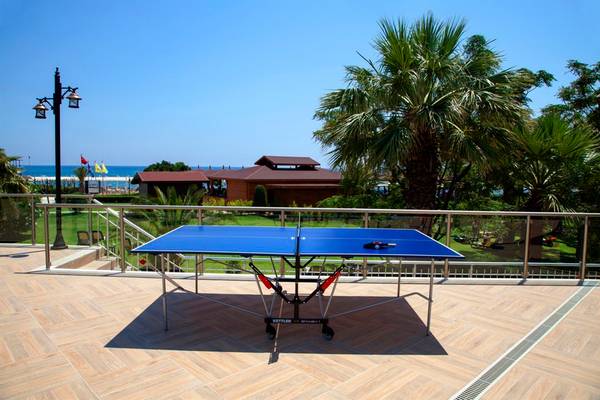Blauer Tischtennistisch auf der Hotelterrasse mit Blick auf das Meer und Palmen.