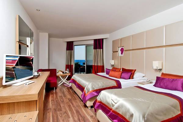 Doppelzimmer mit zwei Betten, Balkon und Fernseher im Botanik Platinum Hotel.