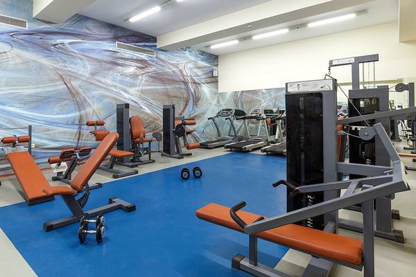 Fitnessbereich im Lindos Princess Beach Hotel mit Geräten und einer blauen Trainingsfläche.