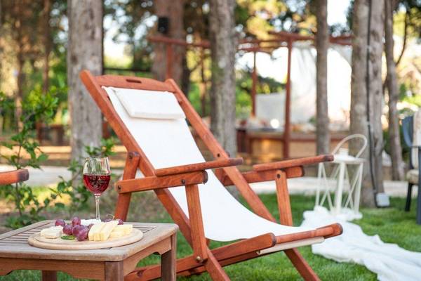 Ein Holzstuhl im Garten mit einem Glas Wein und einer Käseplatte auf einem Tisch.