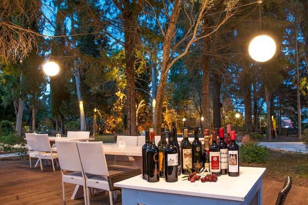 Gartenbereich des Belvedere Luxury Suites Hotels mit gedeckten Tischen und Flaschen Wein.