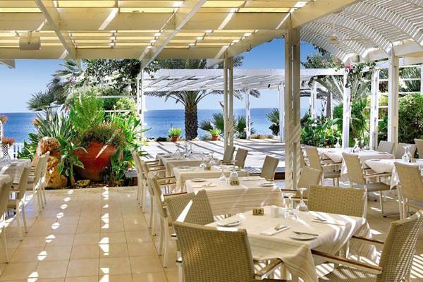 Terrasse des Sunrise Beach Hotels in Zypern mit Blick auf das Meer und Pflanzen.