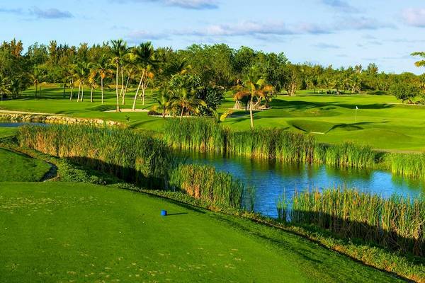 Golfplatz im Barcelo Bavaro Palace mit Wasserhindernis und Palmen
