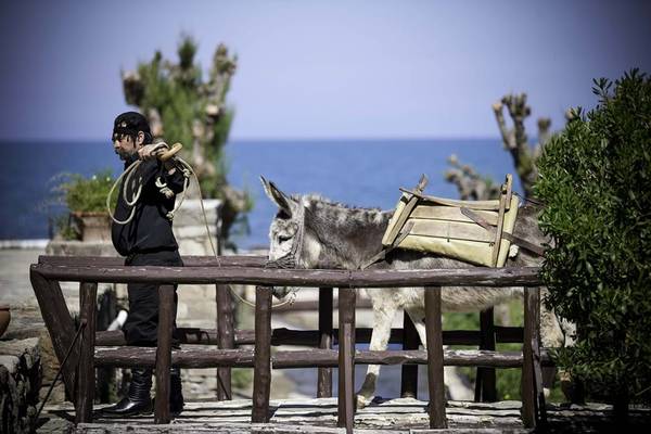 Mann mit Esel am Creta Maris Resort, der Esel trägt einen Sattel