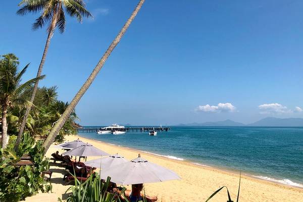 Strandansicht des Saree Samui Resorts mit Palmen, Sonnenschirmen und einer Brücke im Hintergrund.