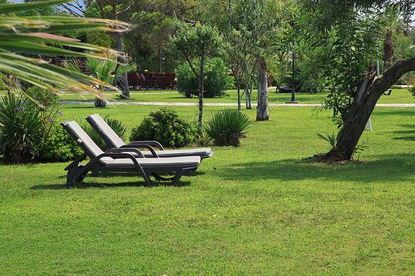 Zwei Liegestühle auf einem gepflegten Rasen im Garten des Club Yali Hotels & Resort.