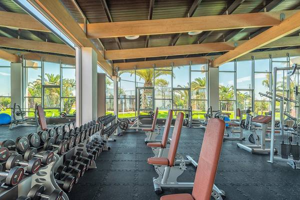 Fitnesscenter im Lyttos Beach Hotel mit vielen Geräten und Gewichten.