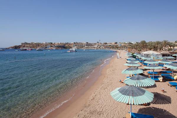 Luftaufnahme des Ghazala Beach mit Sonnenschirmen und Liegen am Strand