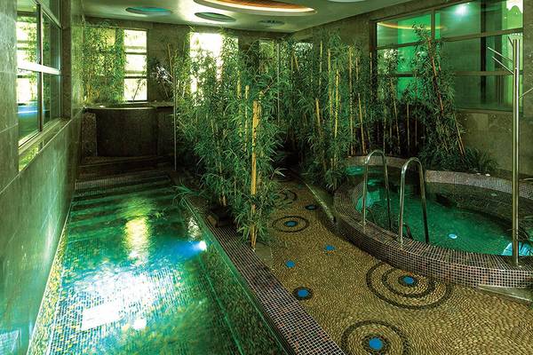 Ein Schwimmbad im Cornelia Diamond Golf Resort & Spa, umgeben von Pflanzen und Bambus.