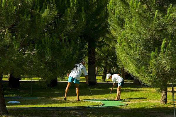Zwei Golfspieler spielen auf einem Minigolfplatz unter Bäumen.