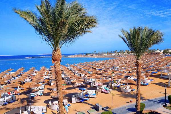 Strand mit vielen Sonnenschirmen und Liegen am Pickalbatros Dana Beach Resort