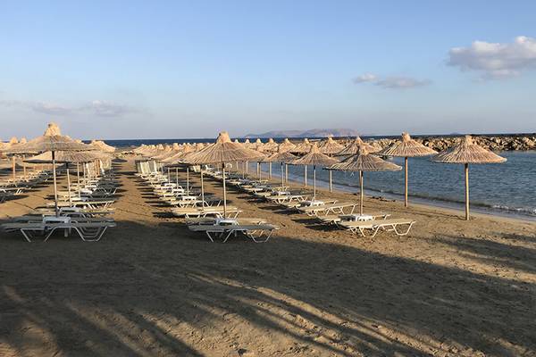 Strand des Aphrodite Beach Clubs mit vielen Sonnenliegen und Sonnenschirmen