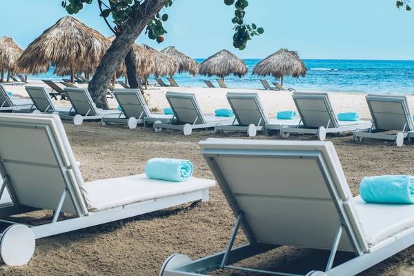 Strandliegen am Iberostar Costa Dorada Hotel neben einem Baum und Blick auf das Meer.